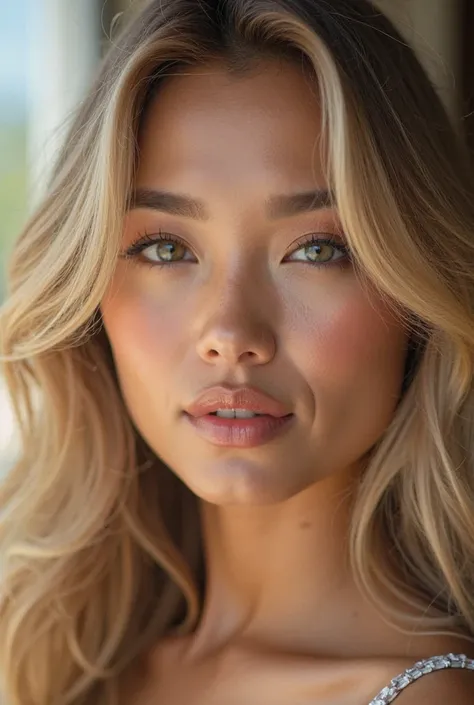 Beautiful Filipina with blonde hair showing her beautiful face make up in this up close photo 