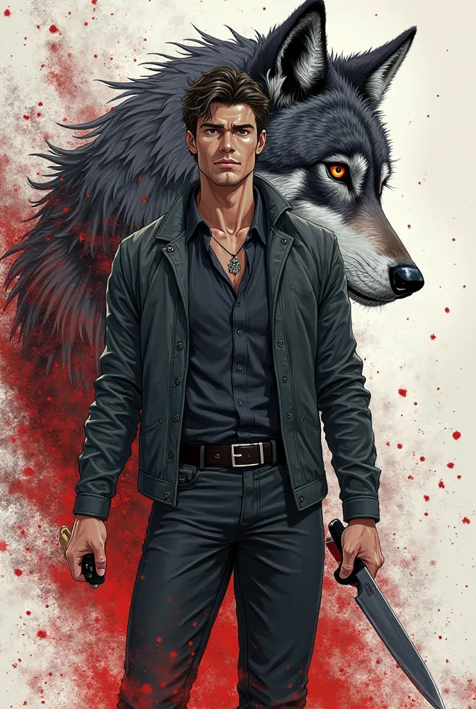 a drawing of a man with a knife in his hand and a wolf in the background, jujutsu kaisen, wendigo, the wolf among us, half man half wolf, cover art of graphic novel, graphic novel cover art, handsome guy in demon slayer art, robb stark, andrews esao artsty...