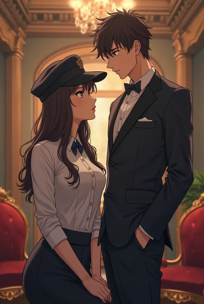 the woman wearing a delivery girl uniform and has a cap on her head, she was looking in front and the boy holding her wasit, the boy is cold and fitness, the boy is wearing a tuxedo, the background is a mansion and the girl is not smiling, the girl is look...