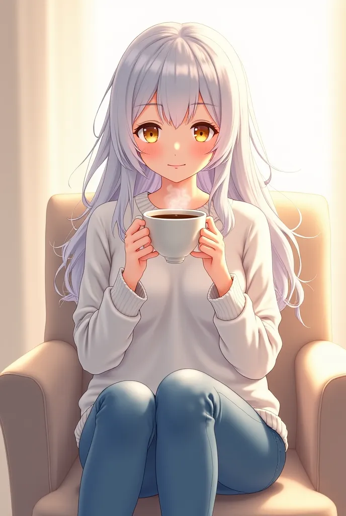 Uma girl, anime style, girl, white hair,  golden eyes, fair skin, white sweater,  jeans, Sitting on a chair,  having a hot coffee .
