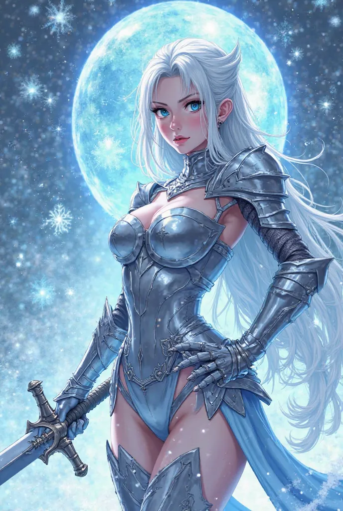 a cartoon picture of a woman with a sword, bikini armor female knight, skintight silver armor, ice sorceress, a sorceress casting a ice ball, queen of ice and storm, whitesmith, the ice queen, ice queen, by Hiromu Arakawa, blue and ice silver color armor, ...