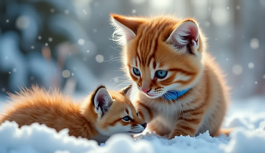 photorealistic qualityA ginger kitten with a blue collar carefully pulls the trap with his paws, trying to free the fox cub. He uses all his strength and dexterity to open the trap and release the fox cub. His eyes are full of concentration, he is very wor...