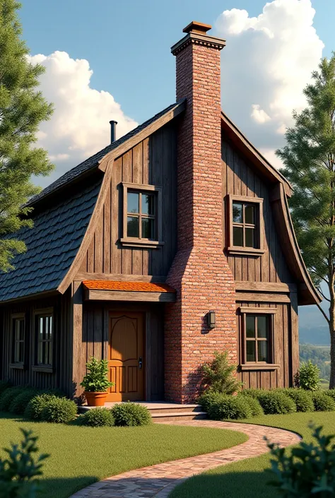 Wooden house with exposed brick pillar.
