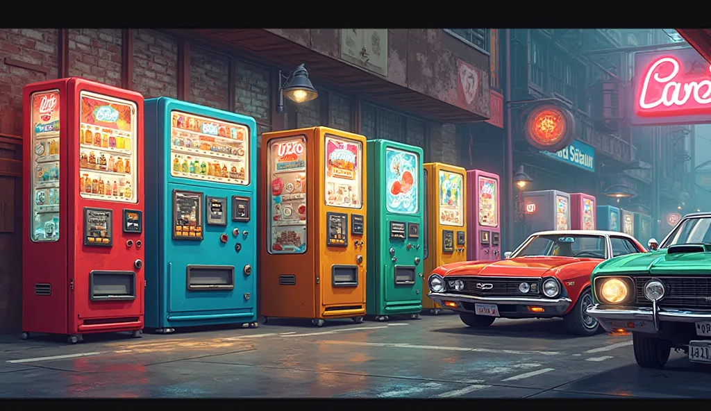 Vending machines and retro cars are lined up　illustrations