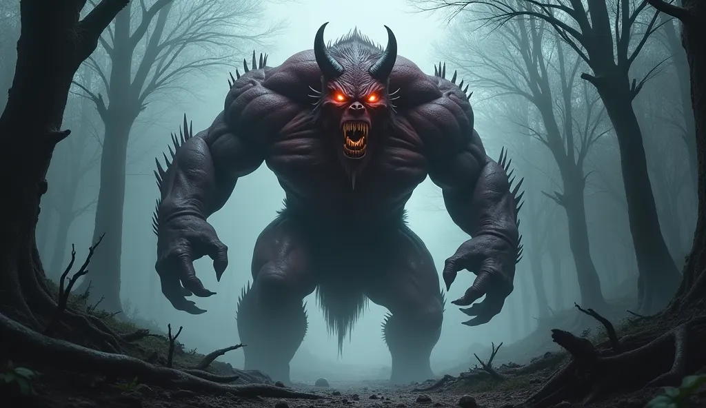 A large, monstrous figure, centrally positioned in a dark forest scene. The creature is depicted with prominent, jagged horns, a menacing expression, and a wide, open mouth revealing sharp teeth. Its eyes glow with an eerie orange light. The figure has a m...