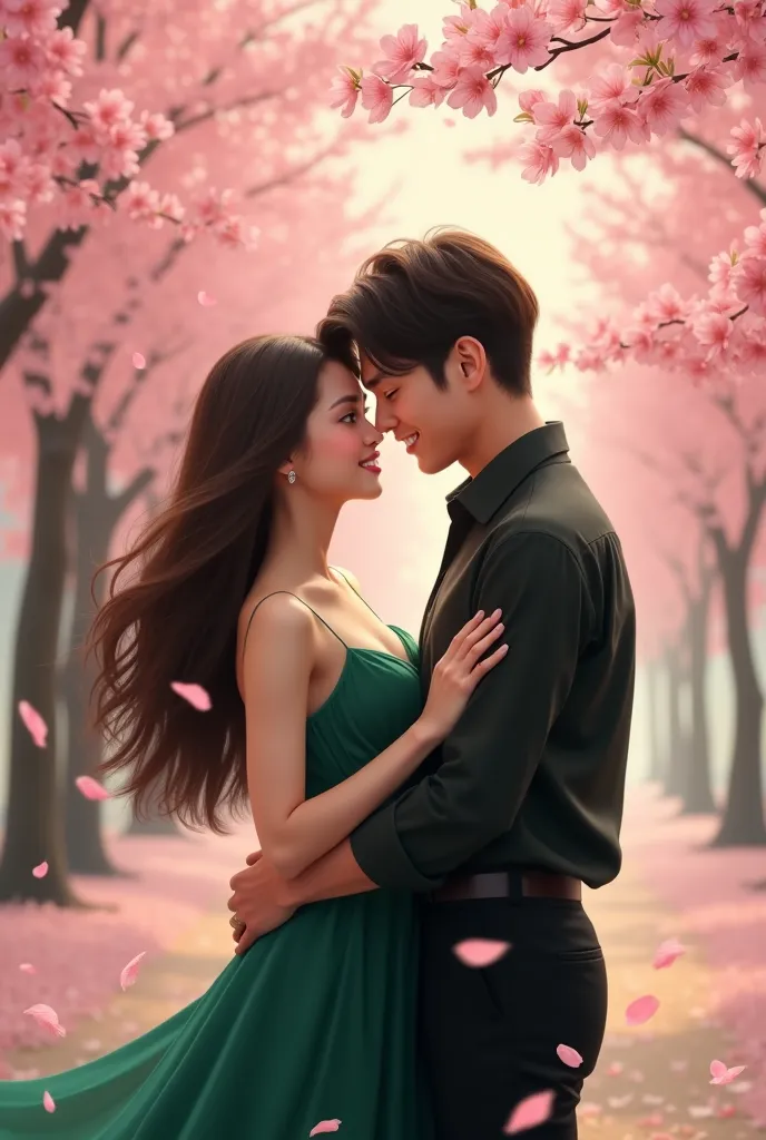 A couple in love. She is a young European woman, with long brown hair, big green eyes, she wears an emerald green dress, she is smiling. The man is a handsome young Korean man, with white skin, straight dark hair, dark eyes, he is wearing black dress pants...