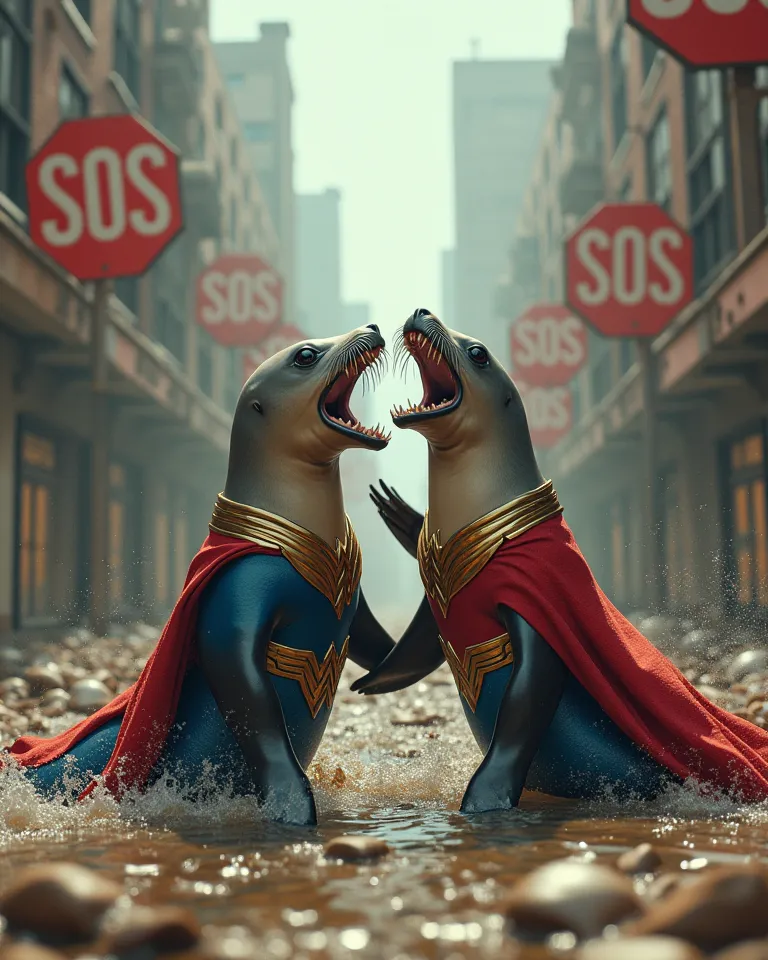 Seals are fighting wearing Wonder Woman clothes、Buildings with SOS signs