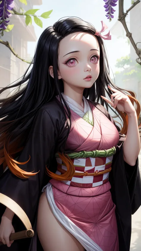 masterpiece, (Pink Kimono), seductive face,  good lighting, neckline, fine details, masterpiece, bright eyes, 1 girl, black hair, mordacity, bamboo, Nezuko Kamado,  wisteria background, masterpiece, the best quality, to throw,  Whole body, wide hips,