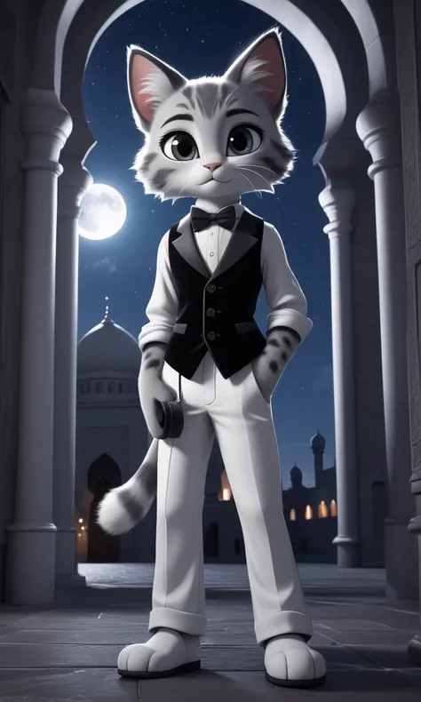 A contemplative kitten anthro in a monochrome outfit: black velvet vest, white trousers, and a crescent moon bow tie. Leaning against a mosque archway at night, holding a telescope. 3D Pixar-style moody lighting, starry sky, and hyper-detailed fur shading