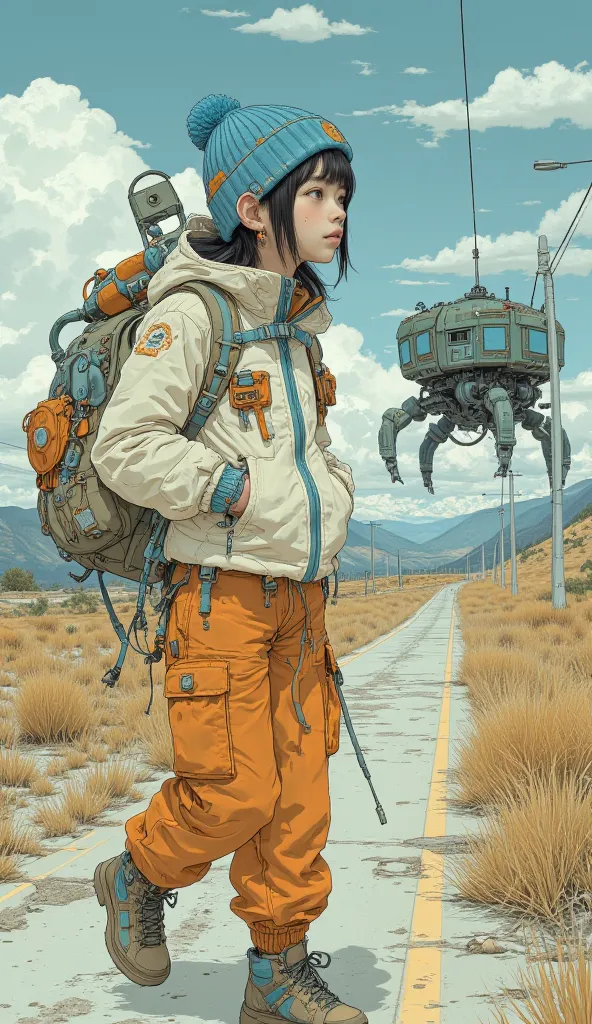  Surrealism  ,  artwork, 8K quality,A cute high school girl piloting over a small military multi-legged battery、A cute high school girl carrying a huge backpack about her height 、Carrying on an abandoned highway 、 high school girl wearing an off-white and ...