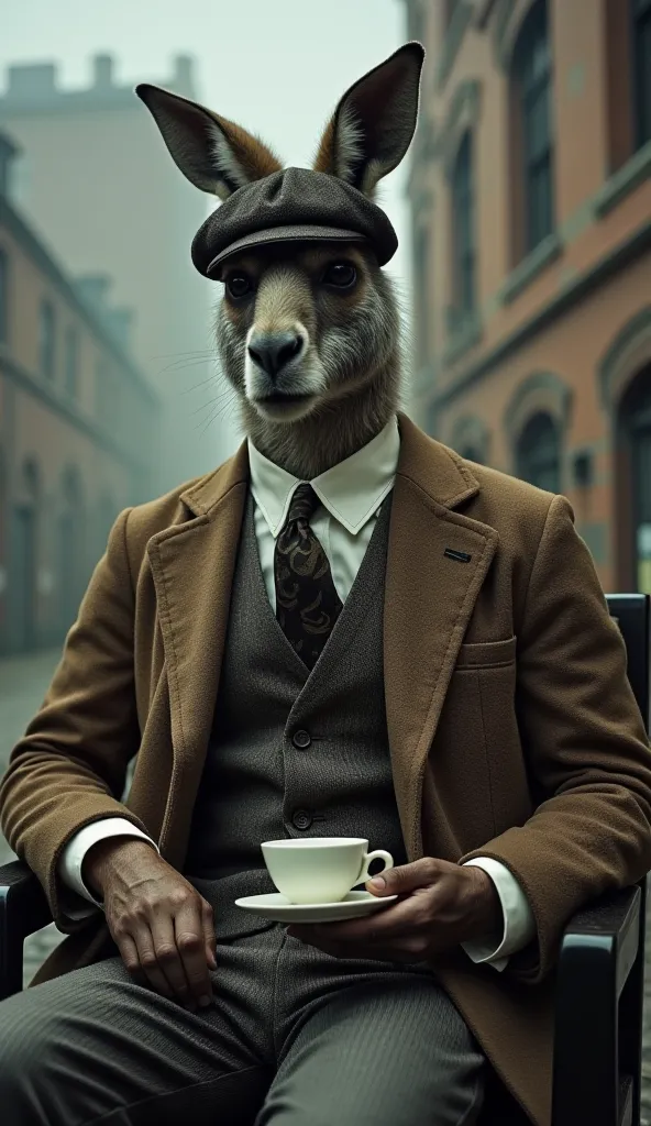 A tall, human-like kangaroo with a strong, imposing presence, dressed in a vintage 1920s three-piece suit, including a wool overcoat, a patterned vest, and a white dress shirt with a tie. The kangaroo wears a classic flat cap, evoking a Peaky Blinders mafi...