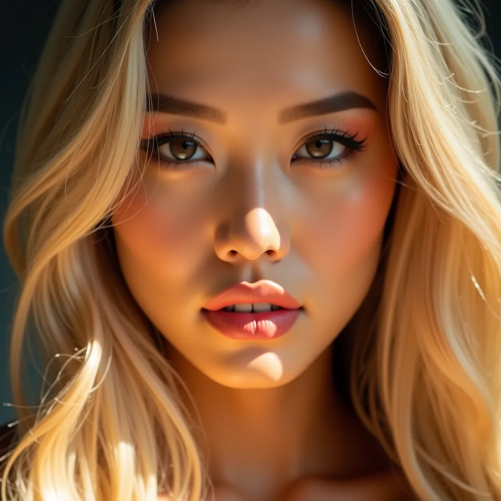 Beautiful Filipina with blonde hair showing her beautiful face make up in this up close photo 