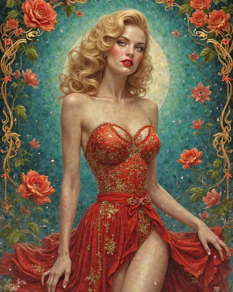 1950s pinup girl,art nouveau,vibrant colours,hyper realistic,pop surrealism,beautiful, #popsurrealism 