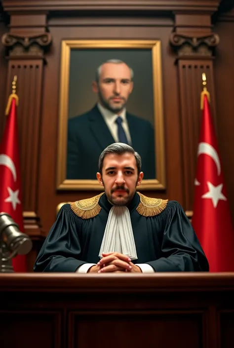 In court, draw a judge doing his duty in a judge's uniform and have a realistic picture of Ataturk on the back 