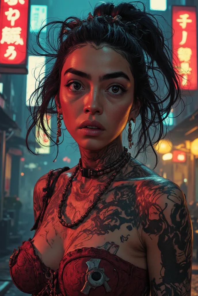 sexy yakuza lady,attractive woman yakuza,face of a Japanese woman, intense expression,Bold Pose, challenging attitude,dark urban environment, lonely alley , neon lights,atmospheric fog,digital illustration,arte conceptual,oil painting,4k,ultra detailed,Pho...