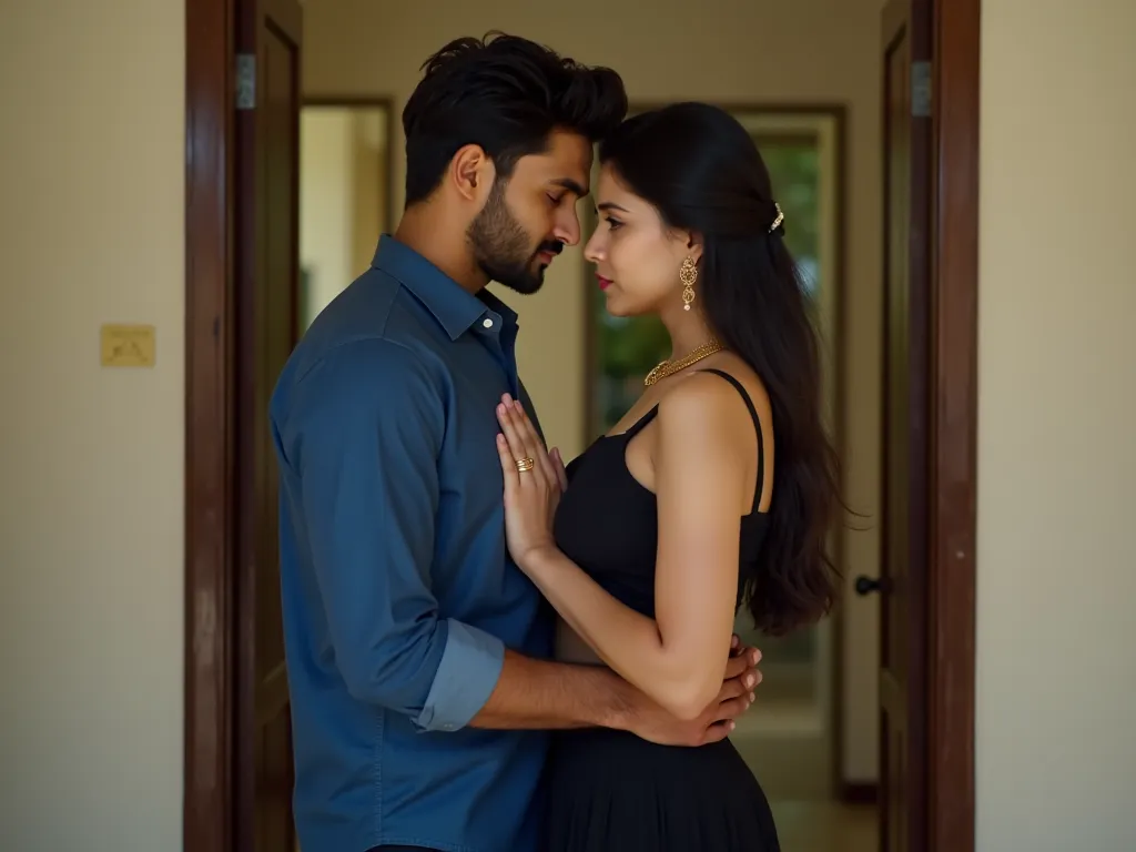 Image of a handsome indian guy holding a beautiful indian woman waist facing each other. The man is wearing a crisp blue shirt and pant. He is clean shaved. The woman is in her early 20’. She is very cute, slightly chubby, is very fair, has big boobs and i...