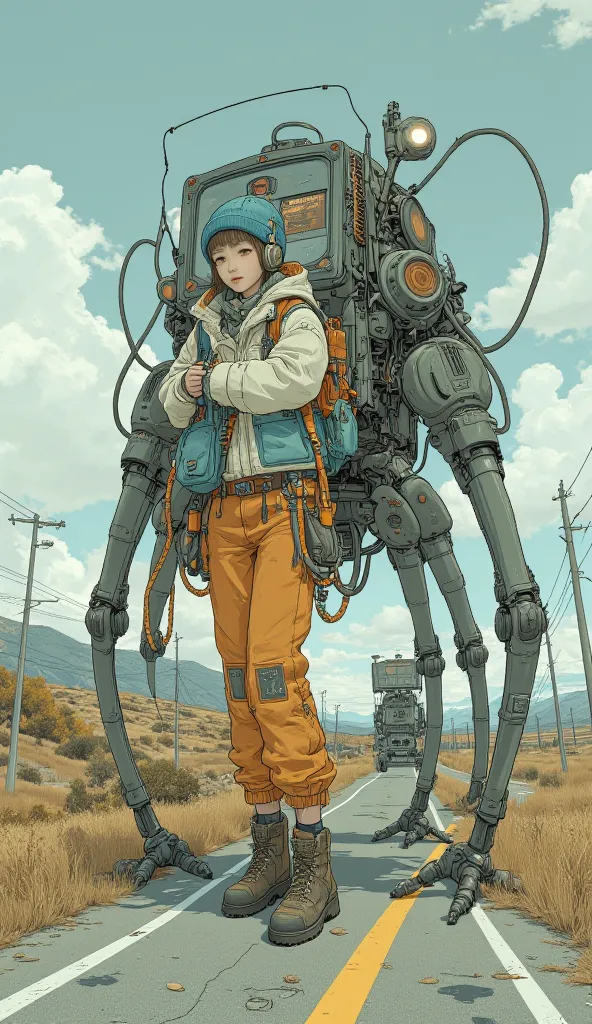  Surrealism  ,  artwork, 8K quality,A cute high school girl piloting a military multi-legged battery、There is a cockpit at the top of the multi-legged battery 、Carrying on an abandoned highway 、 high school girl wearing an off-white and light blue down jac...