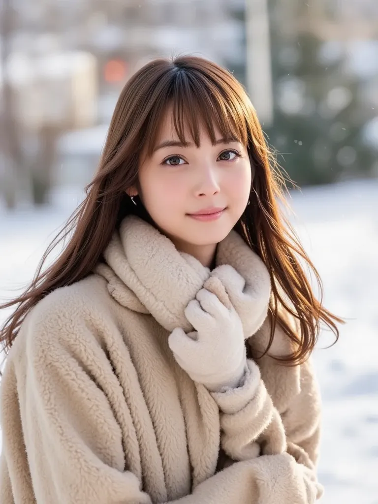 (A state where the face is accurately positioned in the center of the image: 1.5), (upper breast: 1.5), (is fully reflected: 1.5), (Face clearly visible: 1.2)、 (fur coat : 1.5), (A clear day with snow : 1.5), long hair、bangs, smile, young and cute japanese...