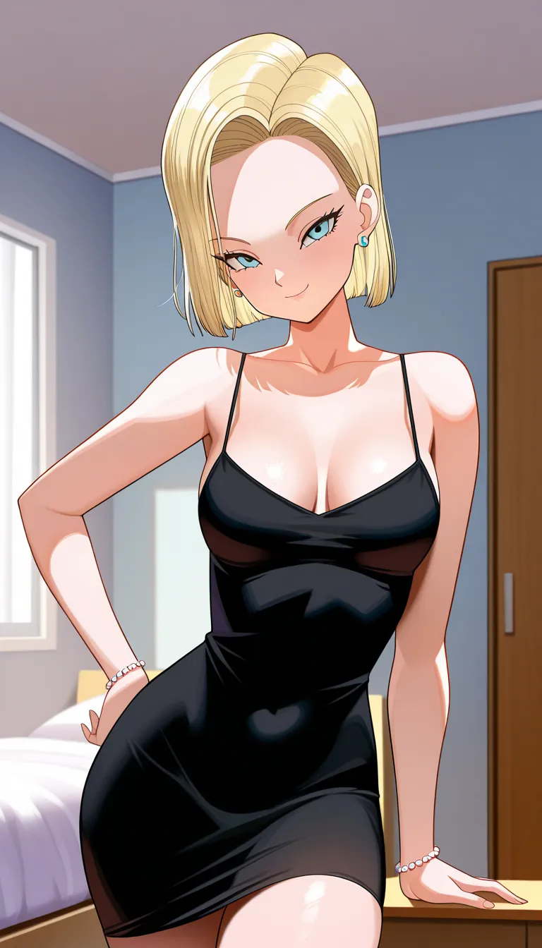 masterpiece,best quality, bedroom, indoors, a18, 1girl,solo, blonde hair,light blue eyes, short hair, seductive smile, medium breast, bare shoulders, a black taut dress, a black spaghetti strap dress, a short black dress, looking at viewer, upper body, clo...