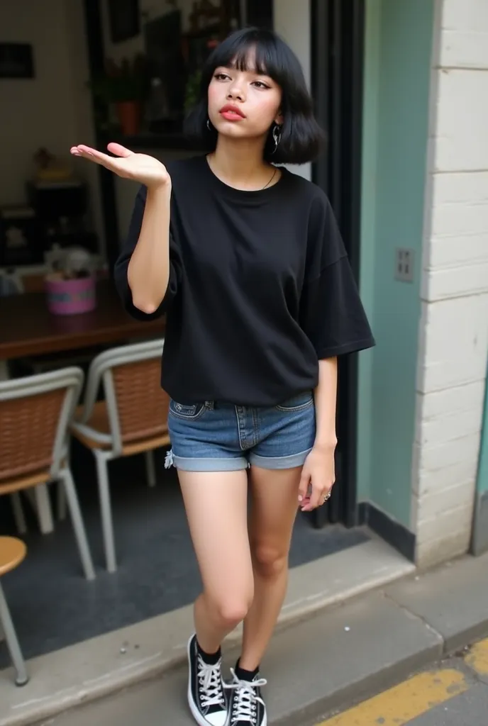 A casual, low-quality photo of Ágatha, a 20-year-old Brazilian woman with short, straight black hair. She is standing in a relaxed pose, playfully blowing a kiss toward the camera with one hand while the other rests casually on her hip. Her expression is l...