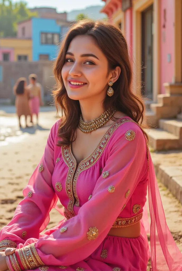 24 year girl in Indian village not modern village rural vibe wearing pink gujrati dress in hawa mahal jaipur in front of local people with smile on face showing real cuteness sitting on beach 