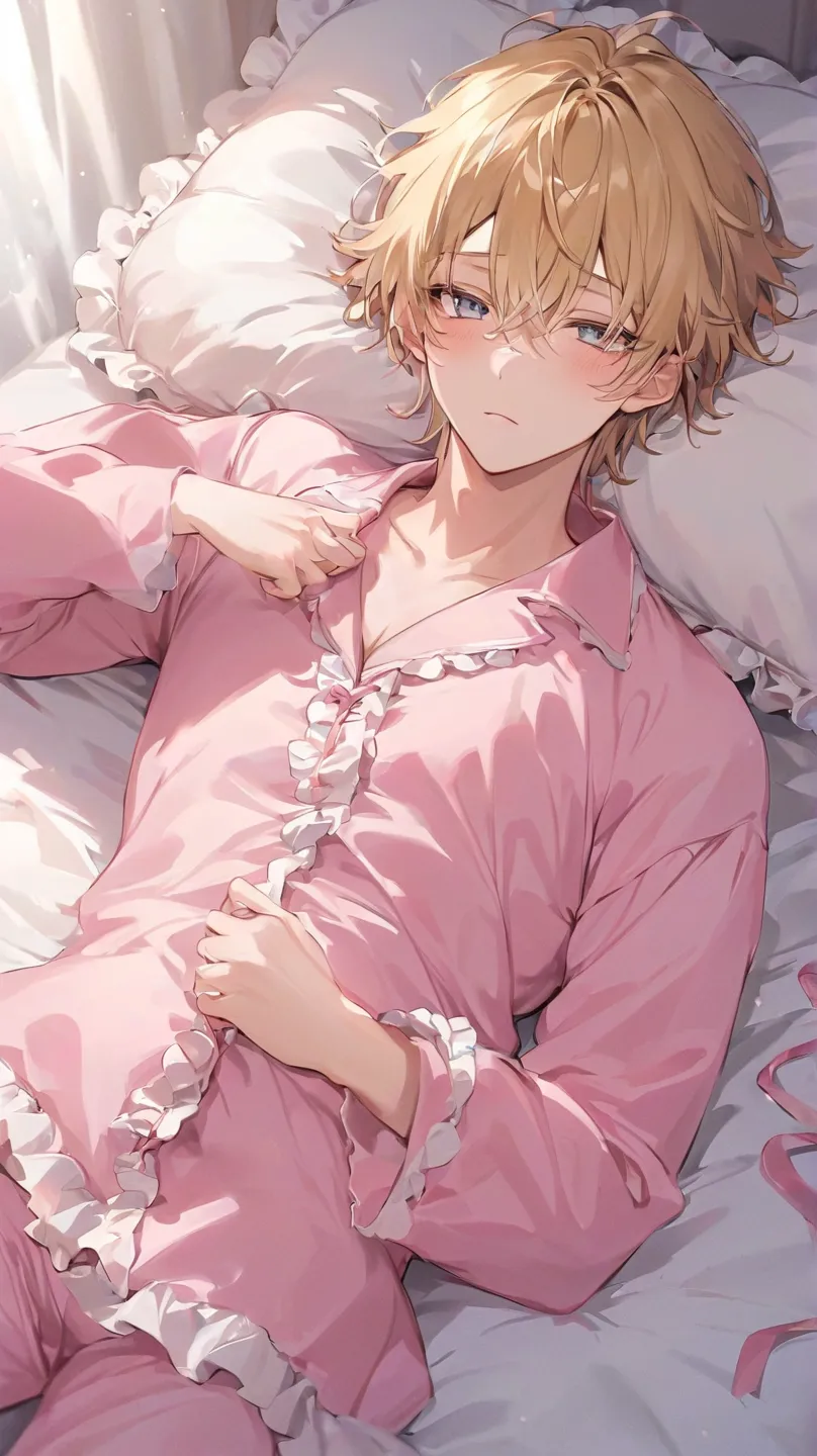 Cute man lying peacefully in fluffy bed, bedcover with frills and pink pajamas with ribbons. He has messy blonde hair, his gray eyes are open, and he has a slight blush. 