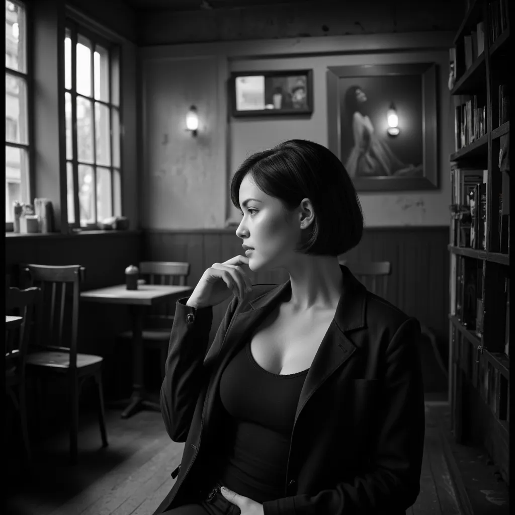 (Professional photograph)++, contemplative woman, short dark hair, (dimly lit café or bar)++, (dark jacket over black top)++, profile view, resting hand on face, lost in thought, wooden chairs, tables, bookshelves, framed portrait on wall, (moody and intro...