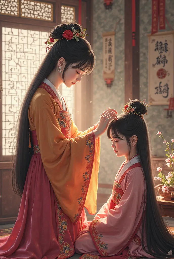 Create an image of two Korean noble sisters, the older sister, arranging a lock of the other's hair.