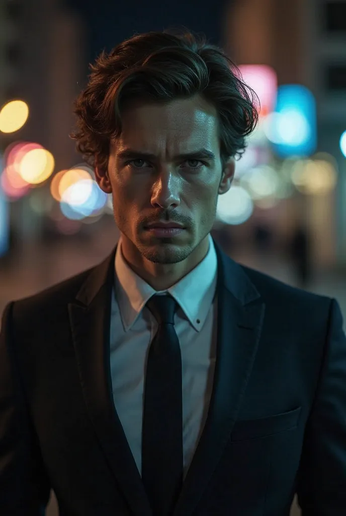 "A mysterious-looking man wearing a dark suit and tie, with a confident expression. He is in an urban setting with city lights in the background. The image has a slightly dramatic tone, with subtle shadows highlighting his face. In the center of the image,...