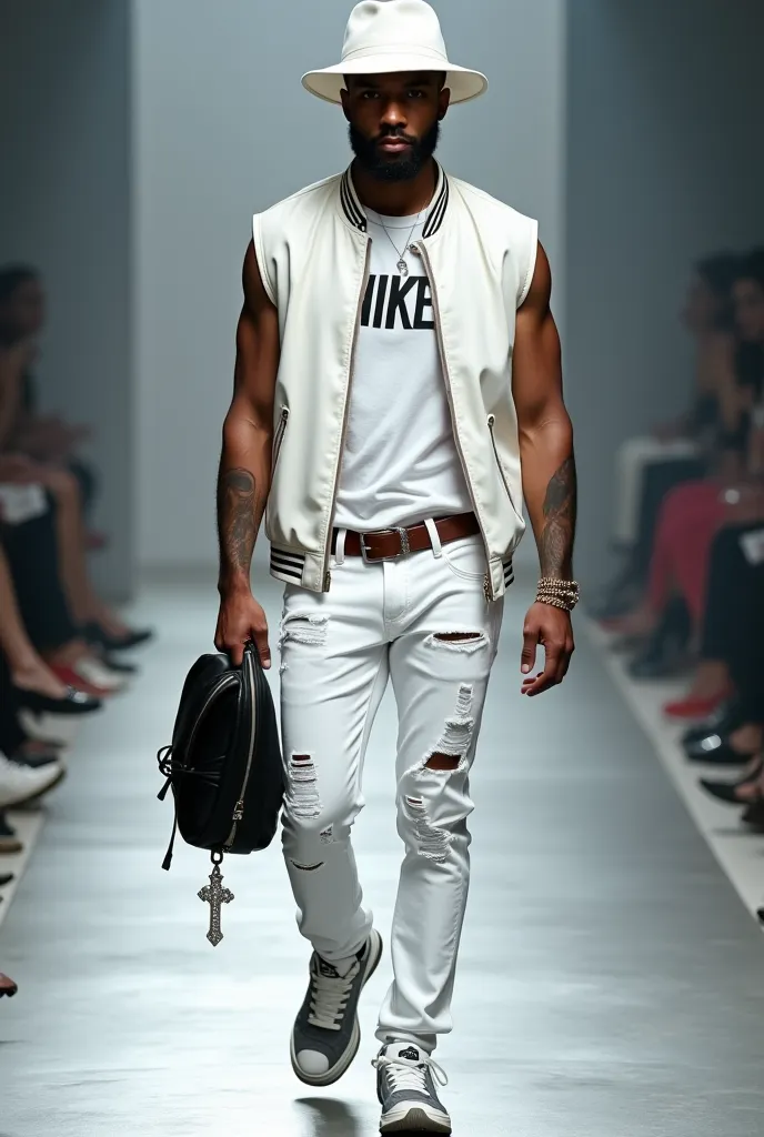 Remote view full body.   shiny white leather, Man Y wears a white Lletgett wool hat,  25 years, con cabello negro estilo buzz cut, brown eyes,  short profiled beard , llevando un anillo de matrimonio. He wears a white sleeveless “NIKE” t-shirt and wears di...