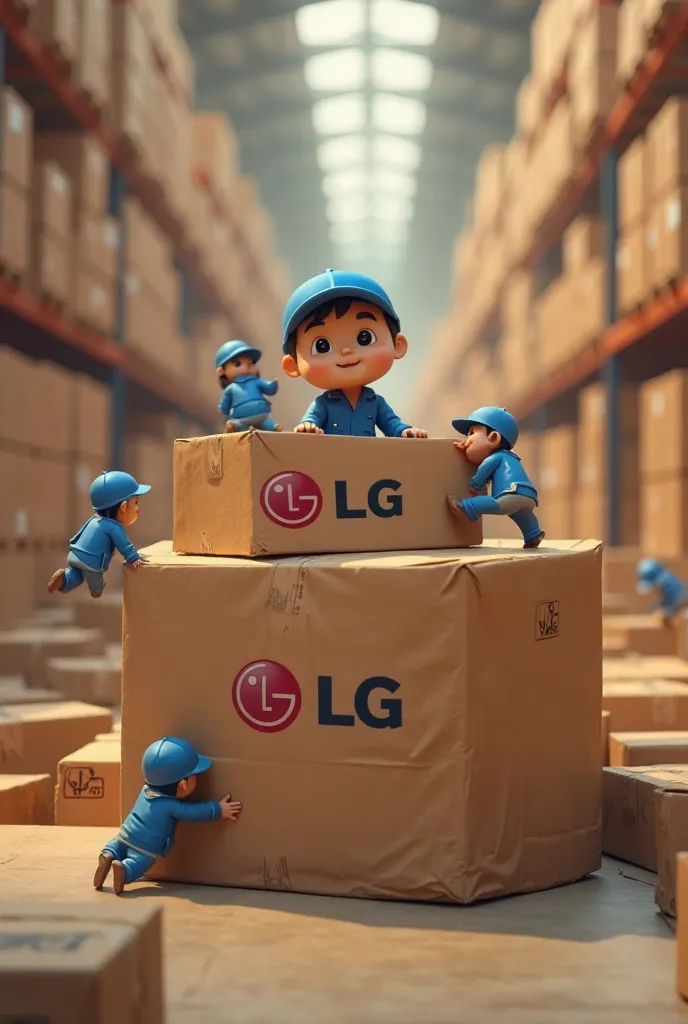 "A hyper-realistic warehouse filled with large cardboard boxes, one prominently displaying the LG logo. Surrounding the box, small cartoonish creatures (in the style of Fawanees Ramadan characters) wearing matching blue uniforms and small caps are playing ...