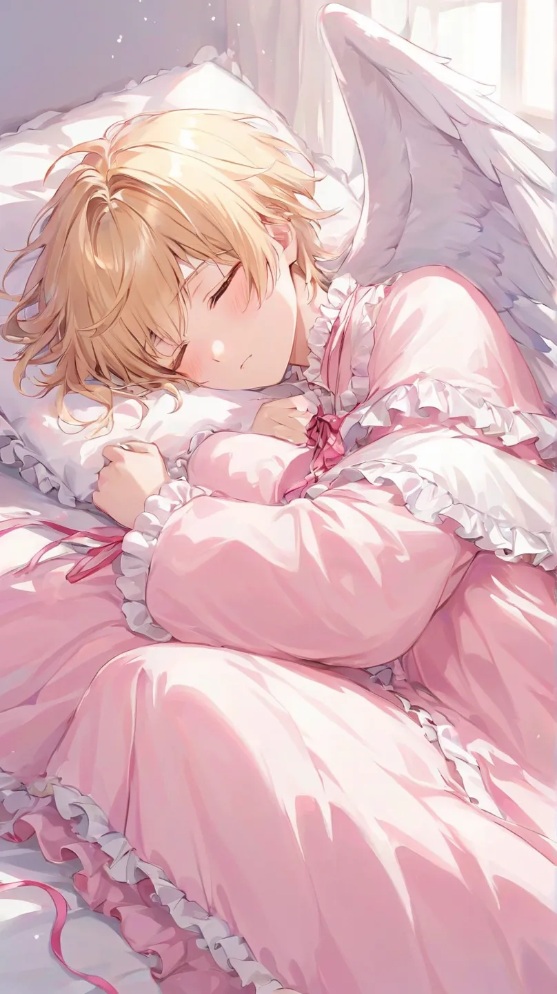 Cute, feminine man sleeping peacefully in fluffy bed, bedcover with frills and pink nightrobe with ribbons. He has messy blonde hair, his eyes closed with a slight blush. He looks innocent like an angel