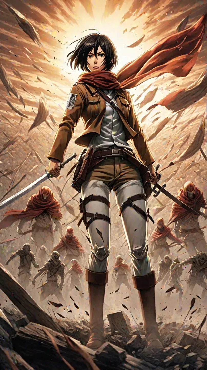 Photograph that captures Mikasa, a resilient warrior of "Attack on Titan," , standing triumphant among a field of fallen titans. . She wears her signature tight combat outfit, , His expression, a mix of determination and exhaustion. The photograph is captu...