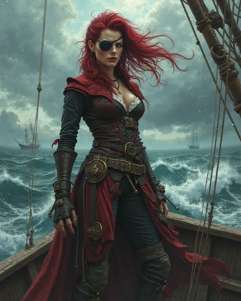 Pirate queen red hair eye patch on deck of ship storm jnojbiugiyviubiu