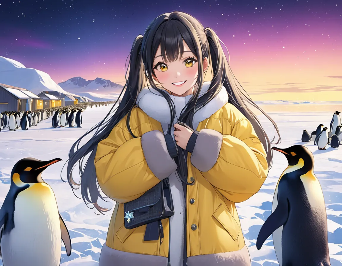  silvery long hair 、beautiful girl with twin tails、smile、Aurora in the night sky、Antarctic snowfields、There are a lot of penguins、cute penguins and others are gathering around the pretty girl、I'm wearing a yellow down coat