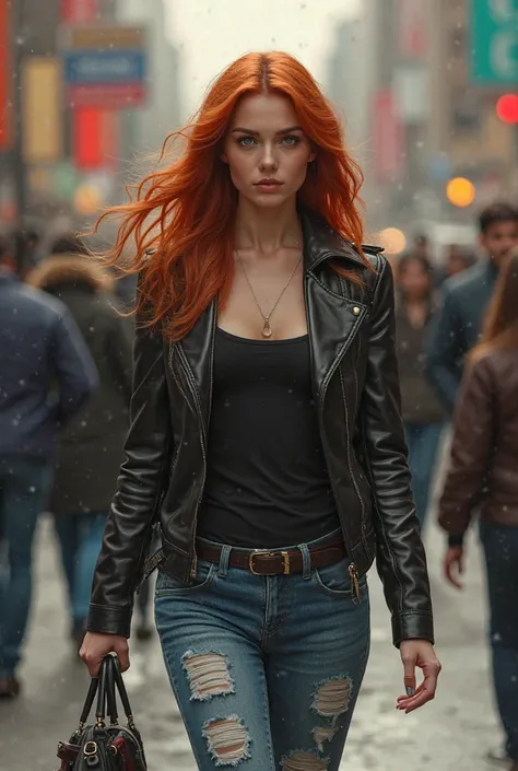 A beautiful full-length redhead girl in a leather jacket and jeans is walking down the street, people pass by and cars pass by