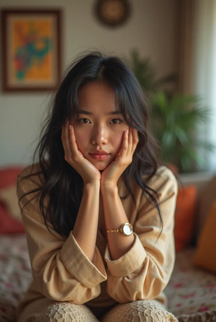 An asian 22 years old woman with medium BLACK hair taking a selfie in the living room . WITHOUT THE BLURRY BACKROUND 