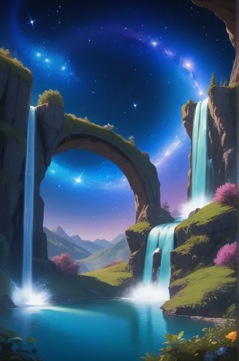 Meditating waterfall in the back, Sky universes and galaxies 