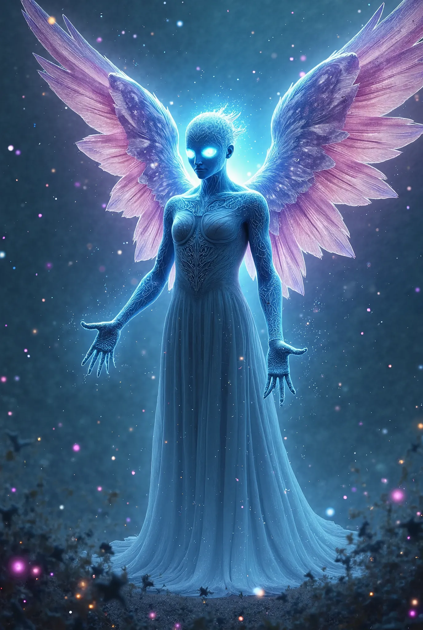 Cosmic Fallen Angel, glowing light eyes, Soul Serenity: Guided Relaxation Mix for Inner Peace, eerie, Creepy, nightmarish, Very bright colors, Light particles, with light glowing, Mshiff, wallpaper art, UHD wallpaper