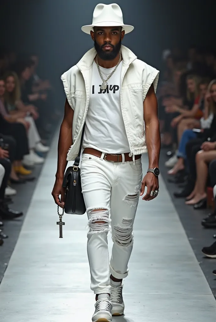 shiny white leather, 
Remote view full body.   Man Y wears a white Lletgett wool hat,  25 years, con cabello negro estilo buzz cut, brown eyes,  short profiled beard , llevando un anillo de matrimonio. He wears a white sleeveless “NIKE” t-shirt and wears d...