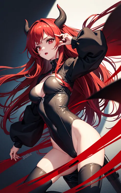 Cute demon girl with medium breasts long red hair and red eyes pupils like a vertical line of black pale skin demon ears small black leathers bodysuit lightweight sports bra black