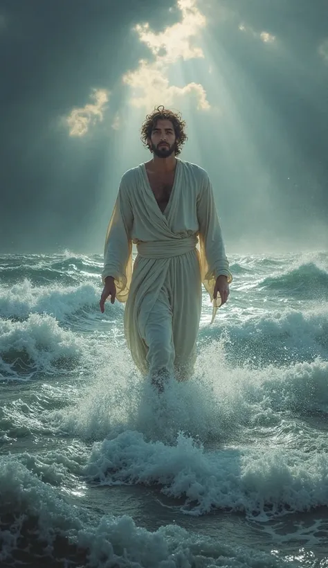 The rough sea ,  with high waves and dark storm skies , with rays illuminating the scenery.   The scene must convey the chaos of the storm  , but with the presence of Jesus bringing serenity.
jesus:
 Jesus with a young and beautiful appearance ,   with wel...