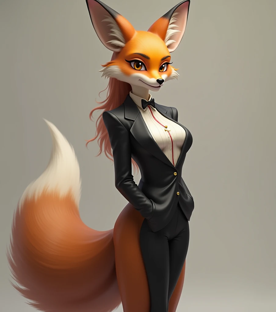 female humanoid fox,wearing formal clothes ,Human Tostus,big buttocks ,big boobs