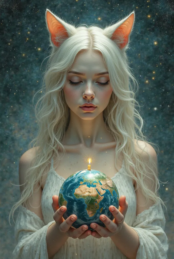 Woman with cat ears and planet Earth in her hands
