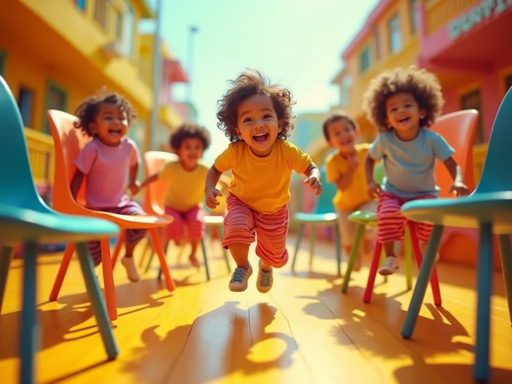 Create a vibrant and playful thumbnail featuring a group of happy ren running around colorful chairs in a circle. One  is laughing while trying to sit on a chair, and the others are cheering in the background. The scene is full of energy, bright colors, an...