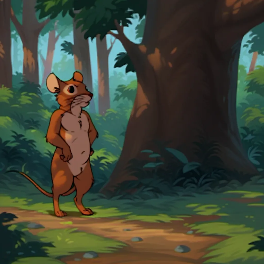 score_9, score_8_up, score_7_up, score_6_up, score_5_up, score_4_up, source_furry, MatthiasRW, semi-anthro, male, mouse, brown fur, naked, nude, standing, facing viewer, in the forest, full body, 