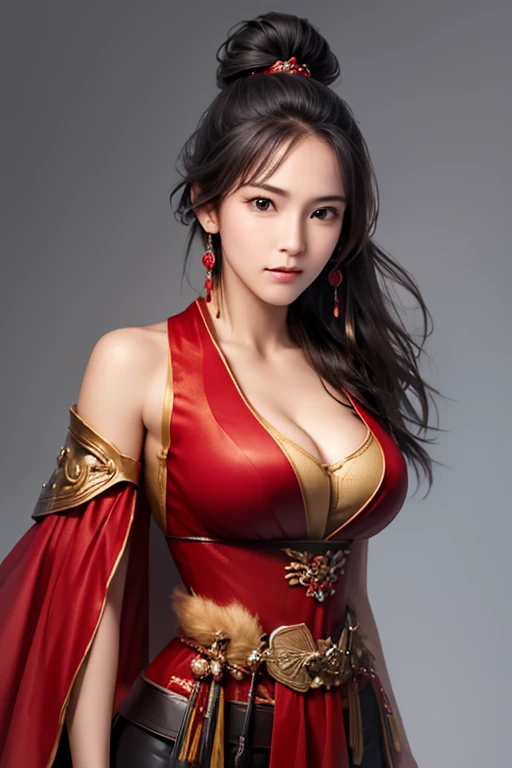 The upper body of a female warrior wearing red and gold armor and cloak, 1 person, cute ponytail ,Age 30, (((Real Face))), slightly larger breasts and cleavage, exposes cleavage,Scary face,  very fine face and skin texture , staring at the camera,   Chines...