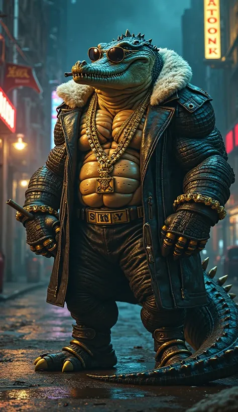 "A monstrous, ultra-muscular anthropomorphic crocodile, towering over the dark streets like a true kingpin. His thick, scaly skin is covered in battle scars, and his massive biceps and chest bulge through a designer fur-lined coat. Around his thick, armore...