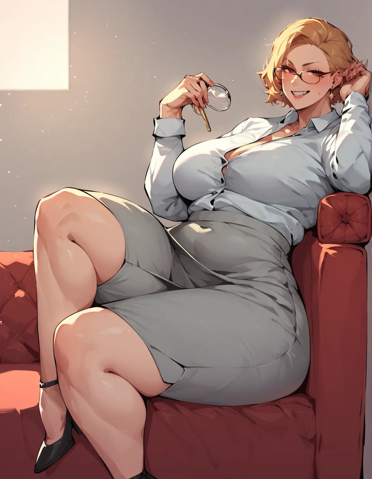 Woman grey business suit,thick thighs,on red couch 