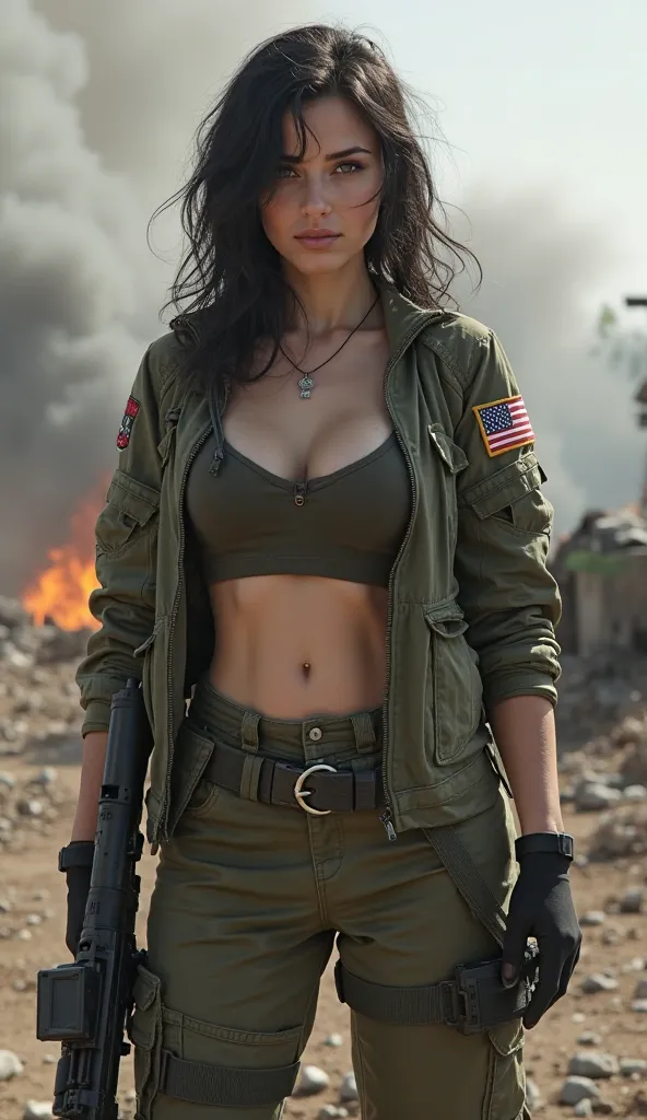 A dark-haired female soldier in military pants and a low-cut jacket with a U.S. flag patch. She holds a firearm confidently, standing in a battlefield setting with smoke and debris in the background.

